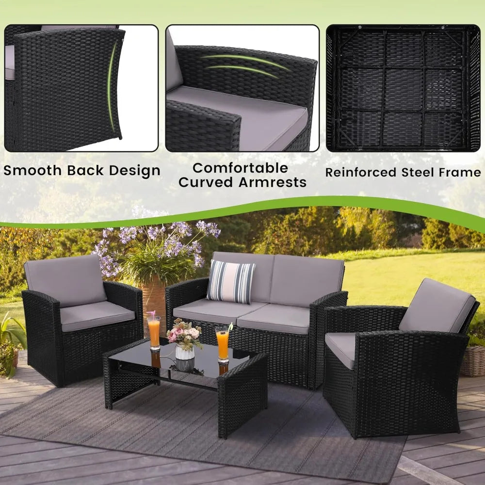 Patio Conversation Set, Outside Rattan Sectional Sofa, Cushioned Furniture Set, Wicker Sofa