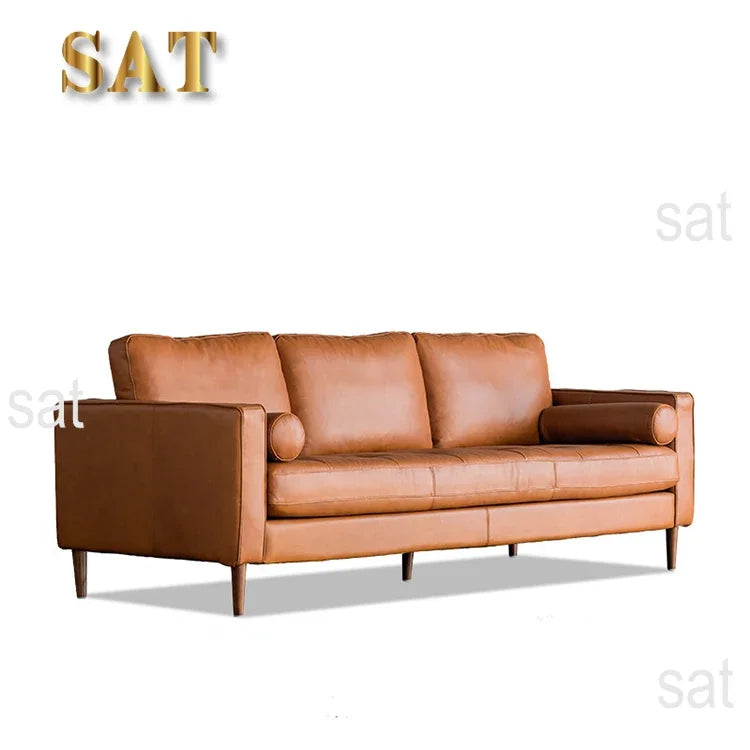 for Mid Century Modern Genuine Leather 3 Seat Sofa Home Furniture Vintage Wood Leg Sofa Living Room Sofas Set
