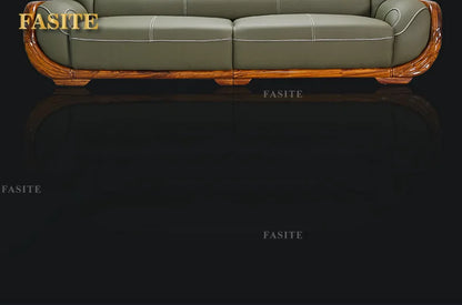 Ebony leather sofa first layer cowhide new Chinese high-end villa living room large apartment solid wood