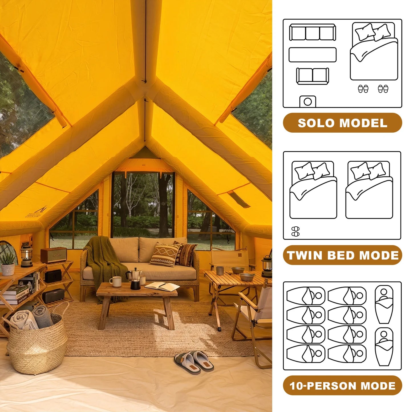 129 Sq Ft Inflatable Camping Tent Easy Setup Waterproof Oxford Air Tent House with Pump 4 Season Family Glamping Tent