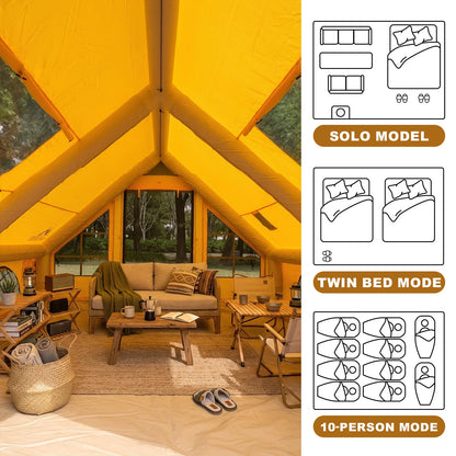 129 Sq Ft Inflatable Camping Tent Easy Setup Waterproof Oxford Air Tent House with Pump 4 Season Family Glamping Tent