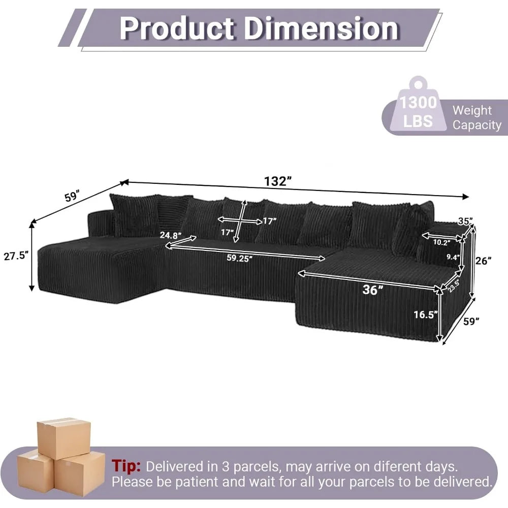 130 Cloud Boneless Sectional Couches for Living Room, U Shaped Sleeper Sofa Bed with Deep Seat Chaise, High Density Foam Compres