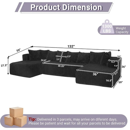 130 Cloud Boneless Sectional Couches for Living Room, U Shaped Sleeper Sofa Bed with Deep Seat Chaise, High Density Foam Compres