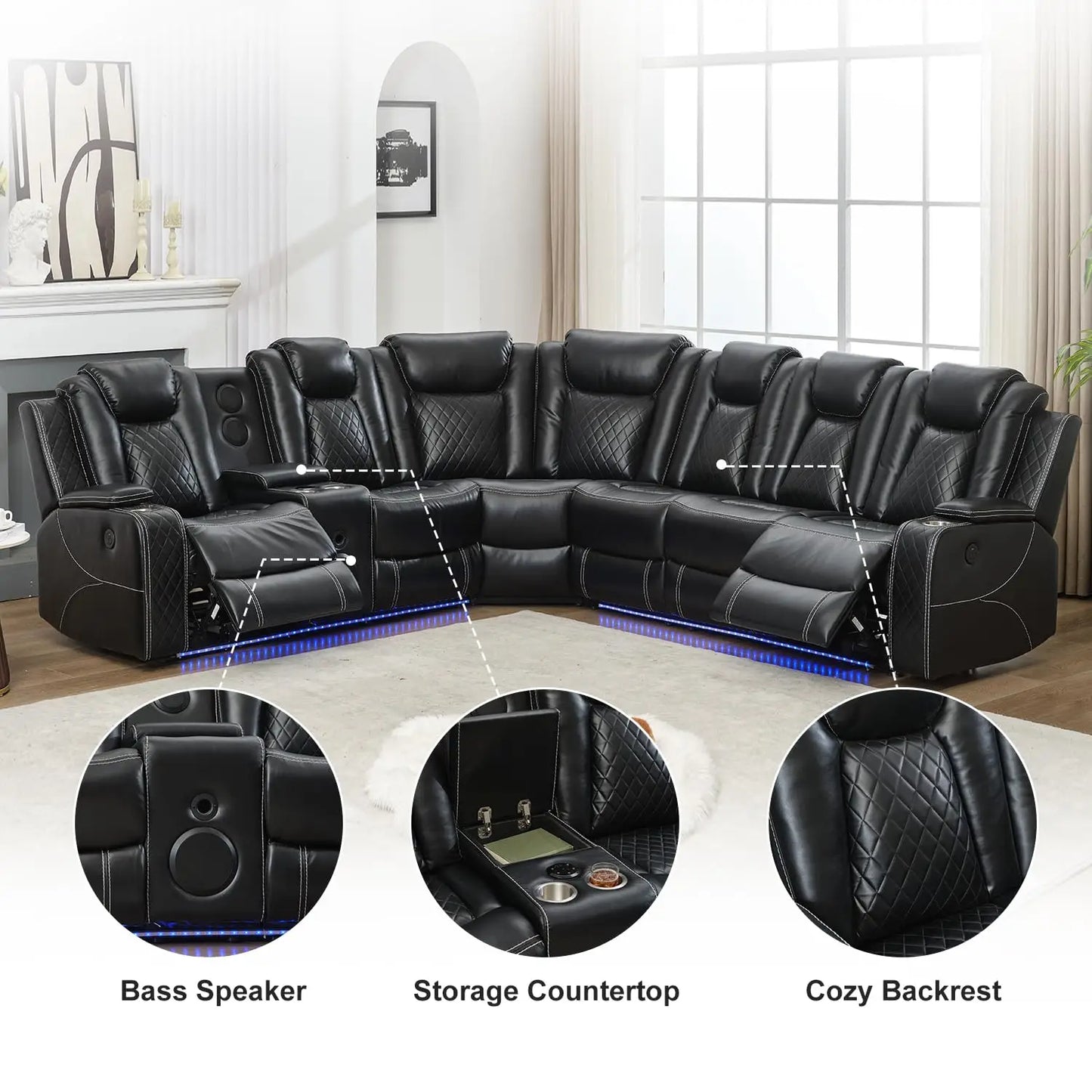6-Seater Power Recliner Sectional Sofa with Drop-off Table, Faux Leather Electric Sofa Featuring Bass Speaker, LED Light, USB, T
