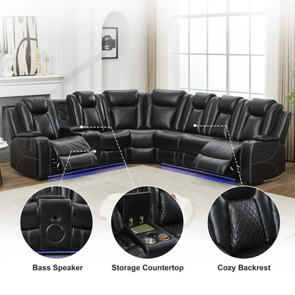 6-Seater Power Recliner Sectional Sofa with Drop-off Table, Faux Leather Electric Sofa Featuring Bass Speaker, LED Light, USB, T