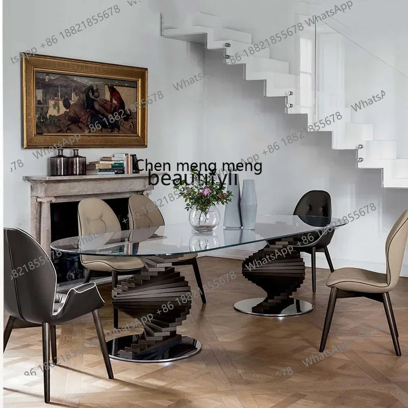 cc182l Italian minimalist curved design tempered glass round table solid wood special-shaped creative rotating ladder dining tab