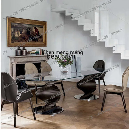 cc182l Italian minimalist curved design tempered glass round table solid wood special-shaped creative rotating ladder dining tab