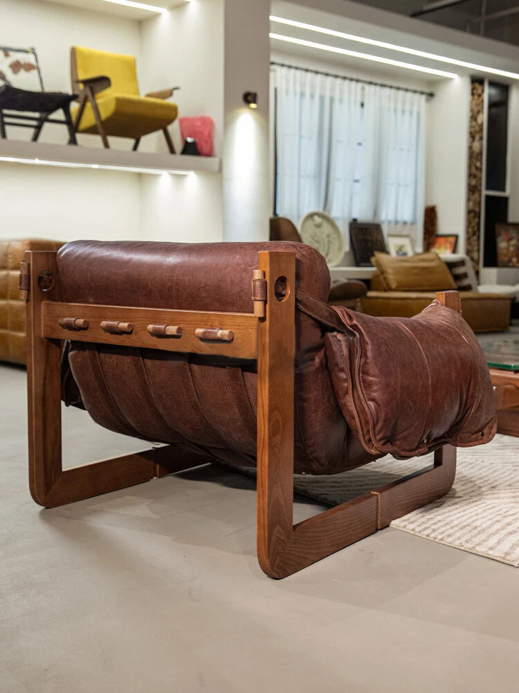 Casual leather recliner retro solid wood reading chair