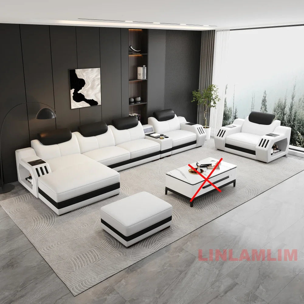 Modern Genuine Leather Massage Sectional Sofa Bed with Adjustable Headrests & LED Lights, Recliner Couch Set with Storage & USB