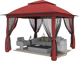 11'X11' Gazebo Pop Up with 4 Sidewalls Mosquito Netting, Heavy Duty Patio Gazebo Canopy Tent with Double Air Roofs for Backyards