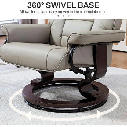Faux Leather Reclining Chair, Swivel Ottoman Chair, Recliner with Ottoman with High Back and Wood Frame for Living Room, Gray