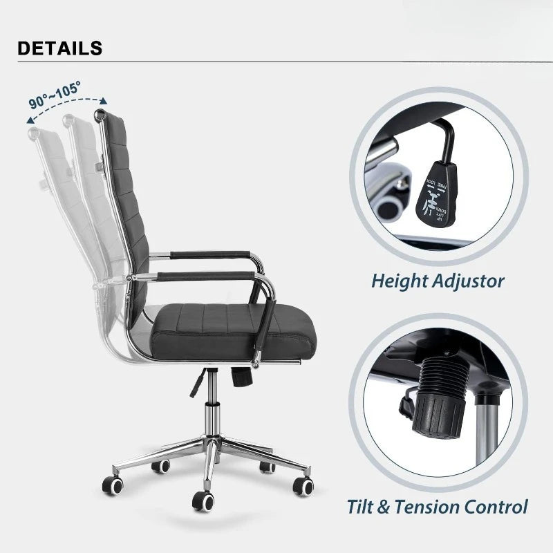 Black Conference Room Chairs, Modern Ergonomic PU Leather Office Desk Chair Ribbed for Office, High Back Executive Swive