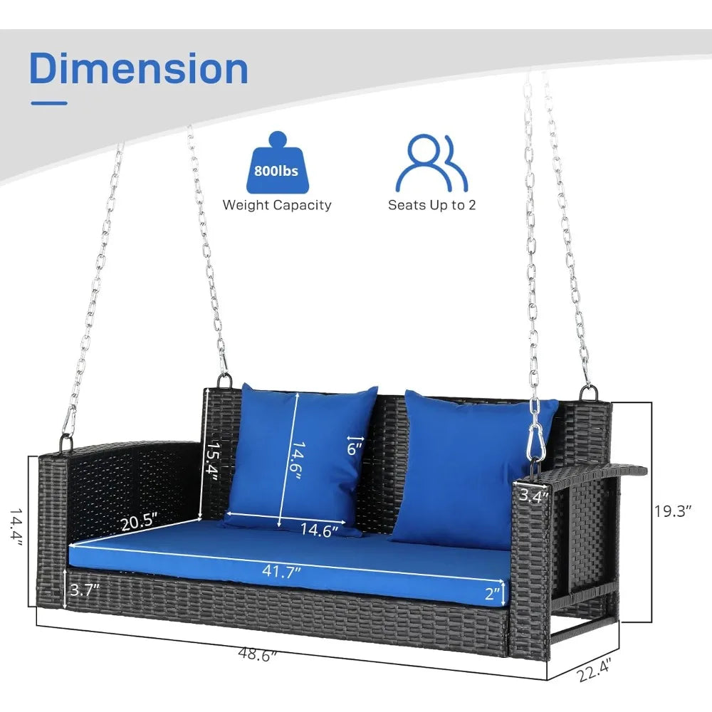 Porch Swing 2 Person Hanging Bench, Wicker Outdoor Swing Bench with Cushion and Pillow for Patio, Yard, Garden Hold Up to 800 l