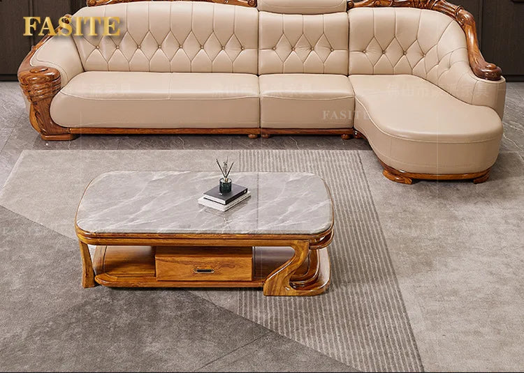 European leather sofa corner combination home high-end luxury living room new Chinese first layer cowhide solid wood
