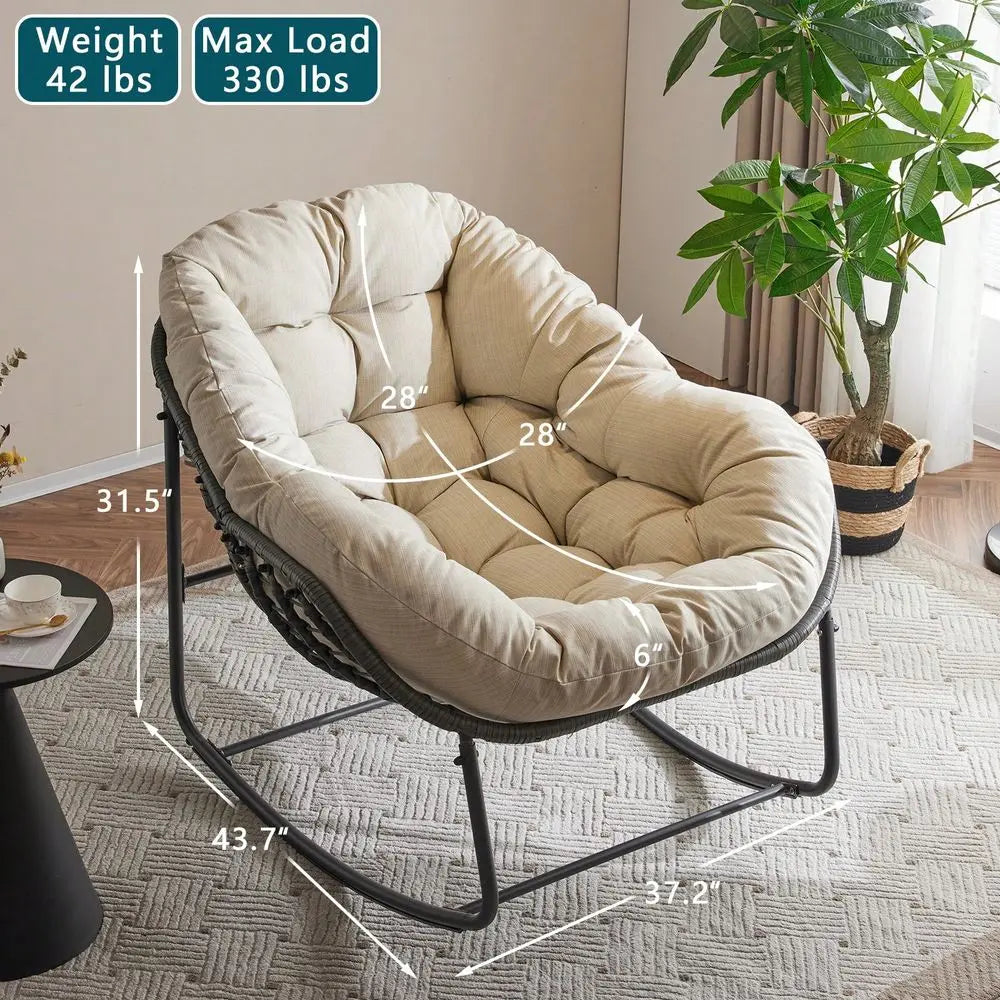 Rocking Chair With Padded Cushion Indoor Outdoor Comfy Papasan Rocker Chair With Upgraded Steel Frame Oversized Rattan EggShaped