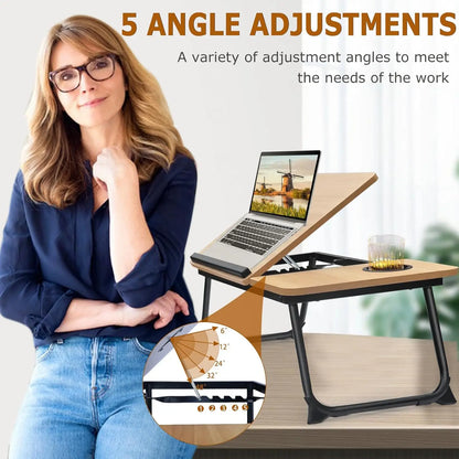 Adjustable Laptop Desk for Bed, Foldable Portable Stand with Cup Holder, Ideal for Writing and Work in Bed