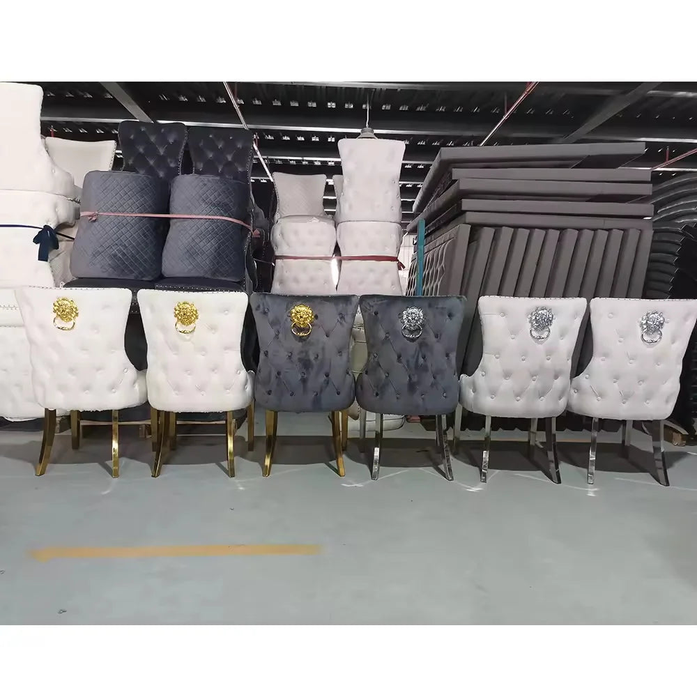 European Luxury Velvet Dining Chairs with Lion Knocker, Modern Button Tufted Design, Stainless Steel Legs  Set of 6