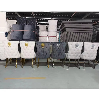 European Luxury Velvet Dining Chairs with Lion Knocker, Modern Button Tufted Design, Stainless Steel Legs  Set of 6