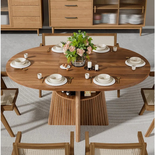 43.3in-59in Extendable Dining Room Table for 4-8, Round Expandable Kitchen Table with Fluted Base, Modern Oval Dinner Tables wit