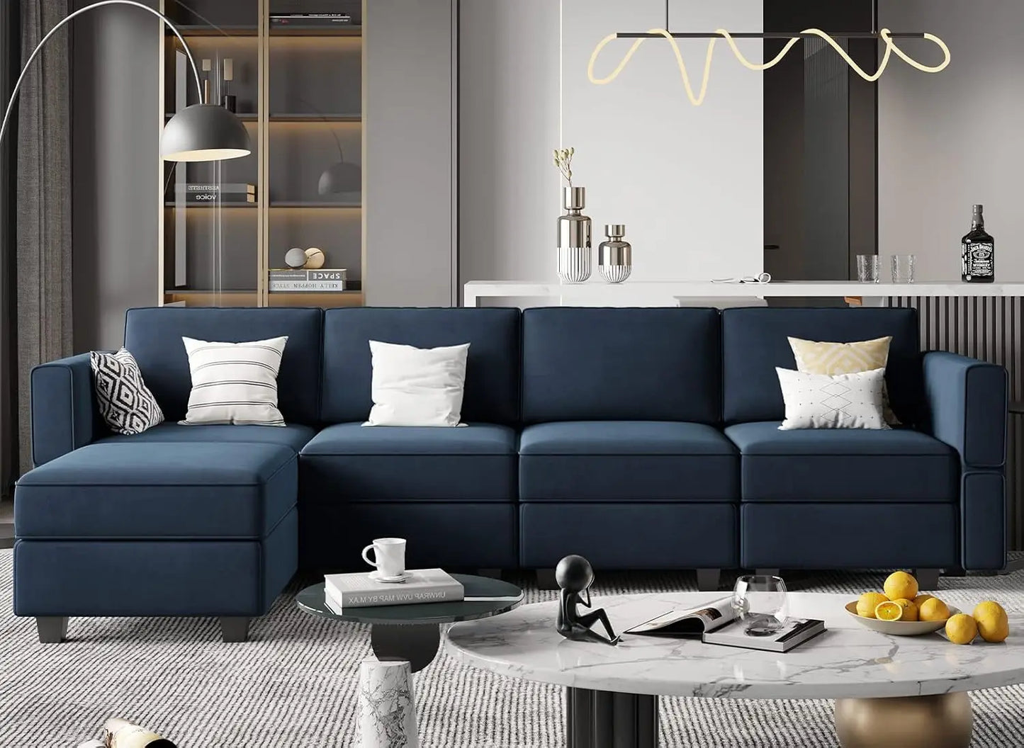 Grey Velvet Modular Sectional Sofa L-Shape Reversible Chaise Storage 4-Seat Living Room, Customized