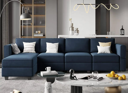Grey Velvet Modular Sectional Sofa L-Shape Reversible Chaise Storage 4-Seat Living Room, Customized