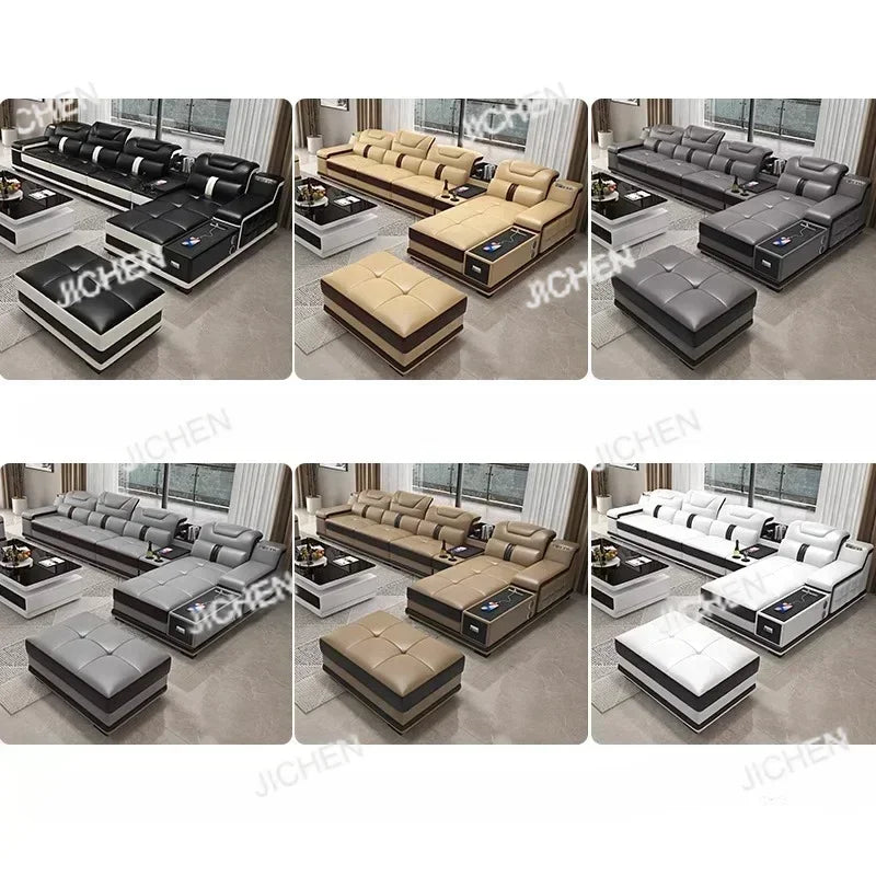 Luxury Italian Genuine Leather Sectional Sofa Set With Bluetooth Speaker And USB Ports Cow Leather Divano Living Room Furniture