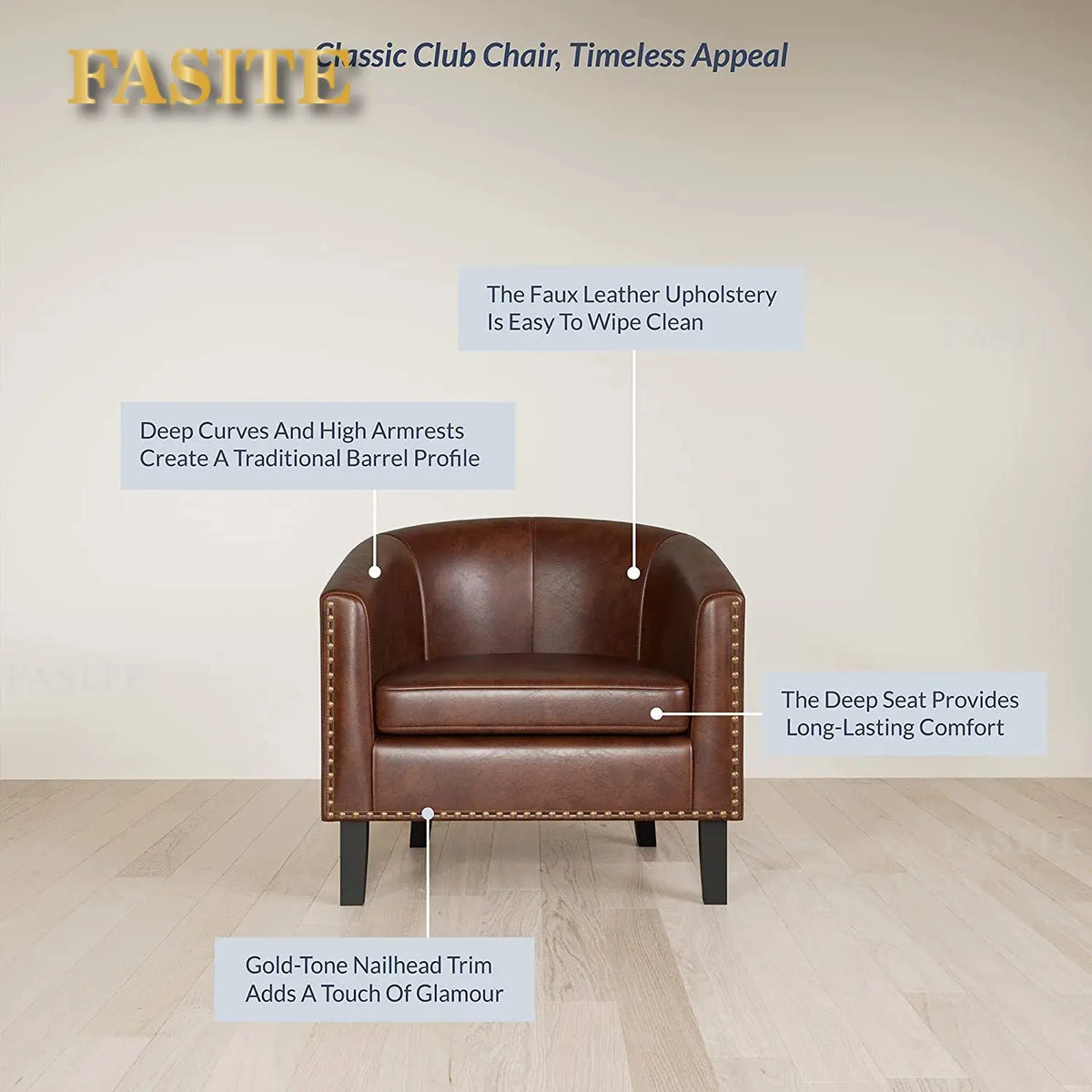 Modern Tub Club Chair Upholstered Armchair for Living Room Faux Leather Chair with Gold Nail Head Trim Black Legs