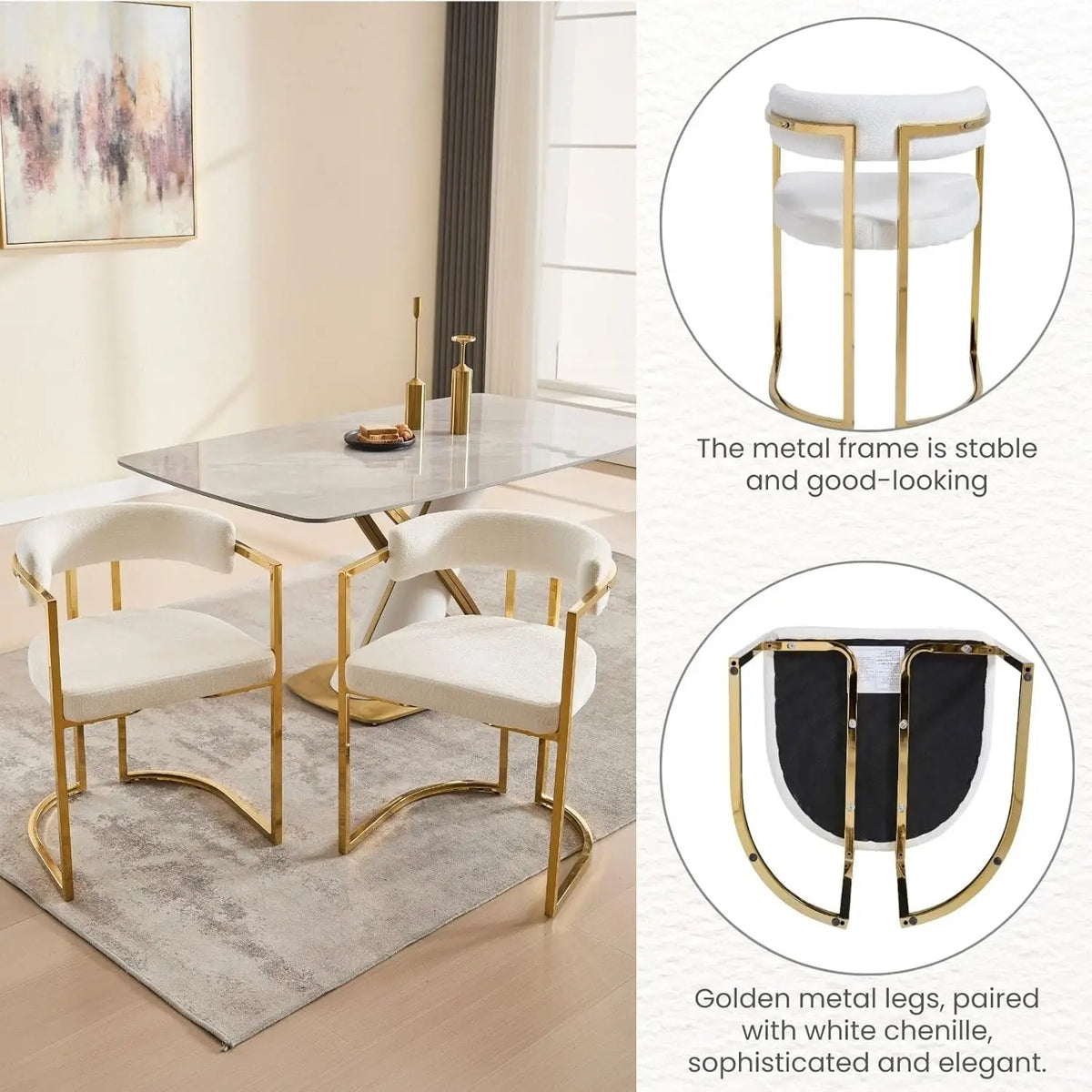 White Chenille Upholstered Dining Chairs Set of 4, Modern Dining Chair with Gold Legs, Kitchen Room Chairs Open Back Barrel Dini