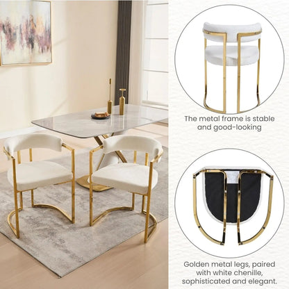 White Chenille Upholstered Dining Chairs Set of 4, Modern Dining Chair with Gold Legs, Kitchen Room Chairs Open Back Barrel Dini