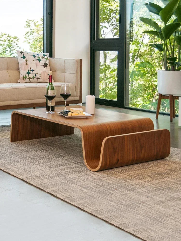 Living Room Simple Japanese N-shaped Curved Wood Tatami Solid Wood Coffee Table, Storage Large N-shaped Sofa Side Table