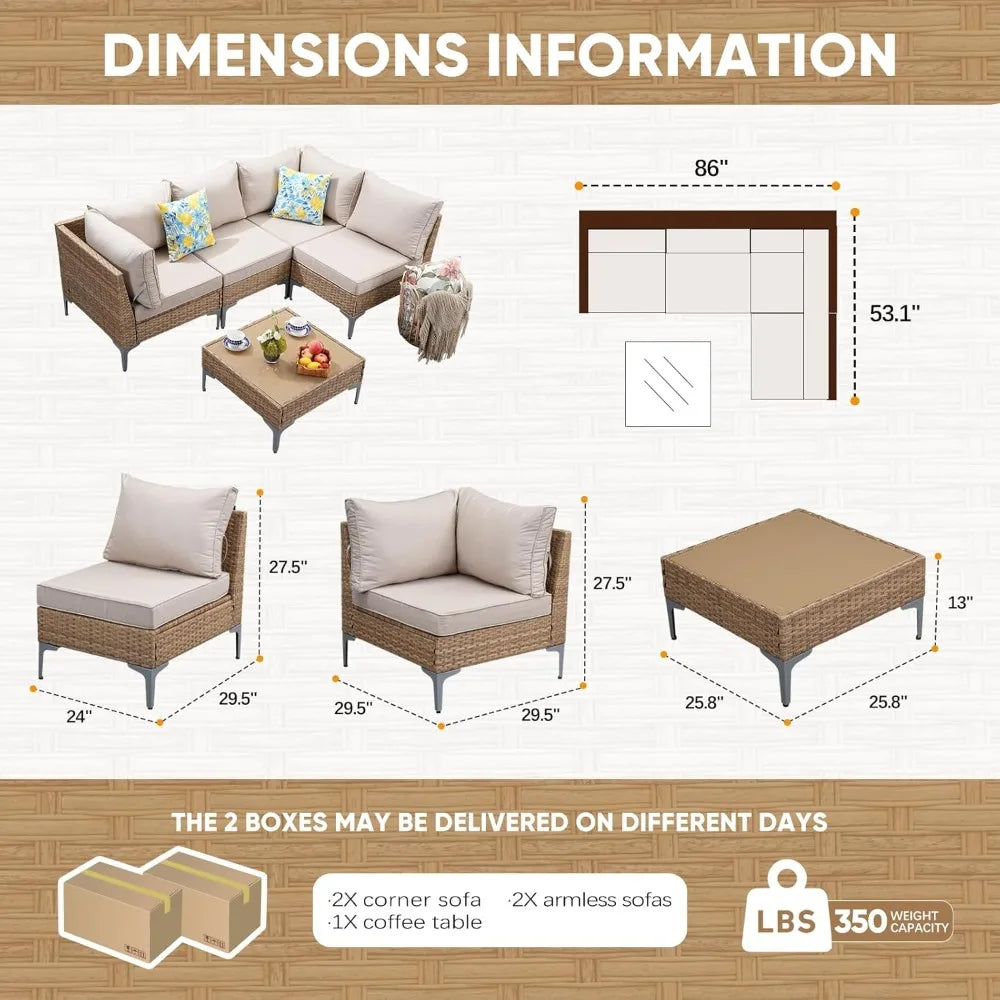 5 Piece Wicker Patio Furniture Set,Outdoor Conversation Sectional Sofa w/Coffee Table,All-Weather Outdoor Sofa, Customized