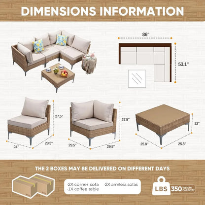 5 Piece Wicker Patio Furniture Set,Outdoor Conversation Sectional Sofa w/Coffee Table,All-Weather Outdoor Sofa, Customized