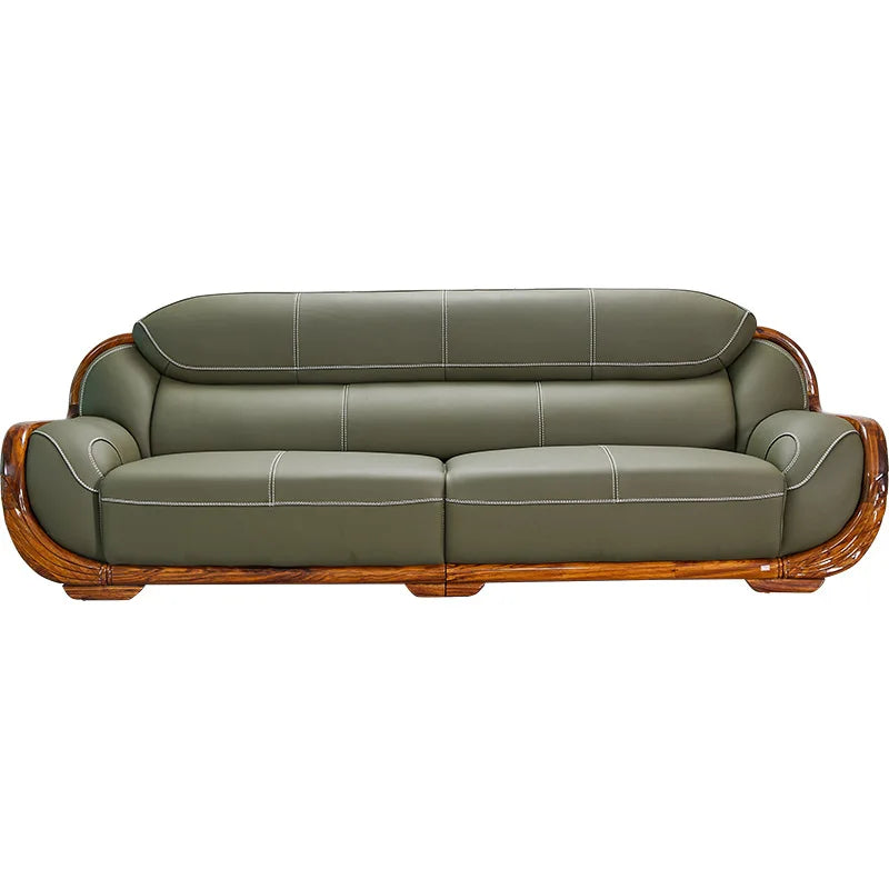 Ebony leather sofa first layer cowhide new Chinese high-end villa living room large apartment solid wood