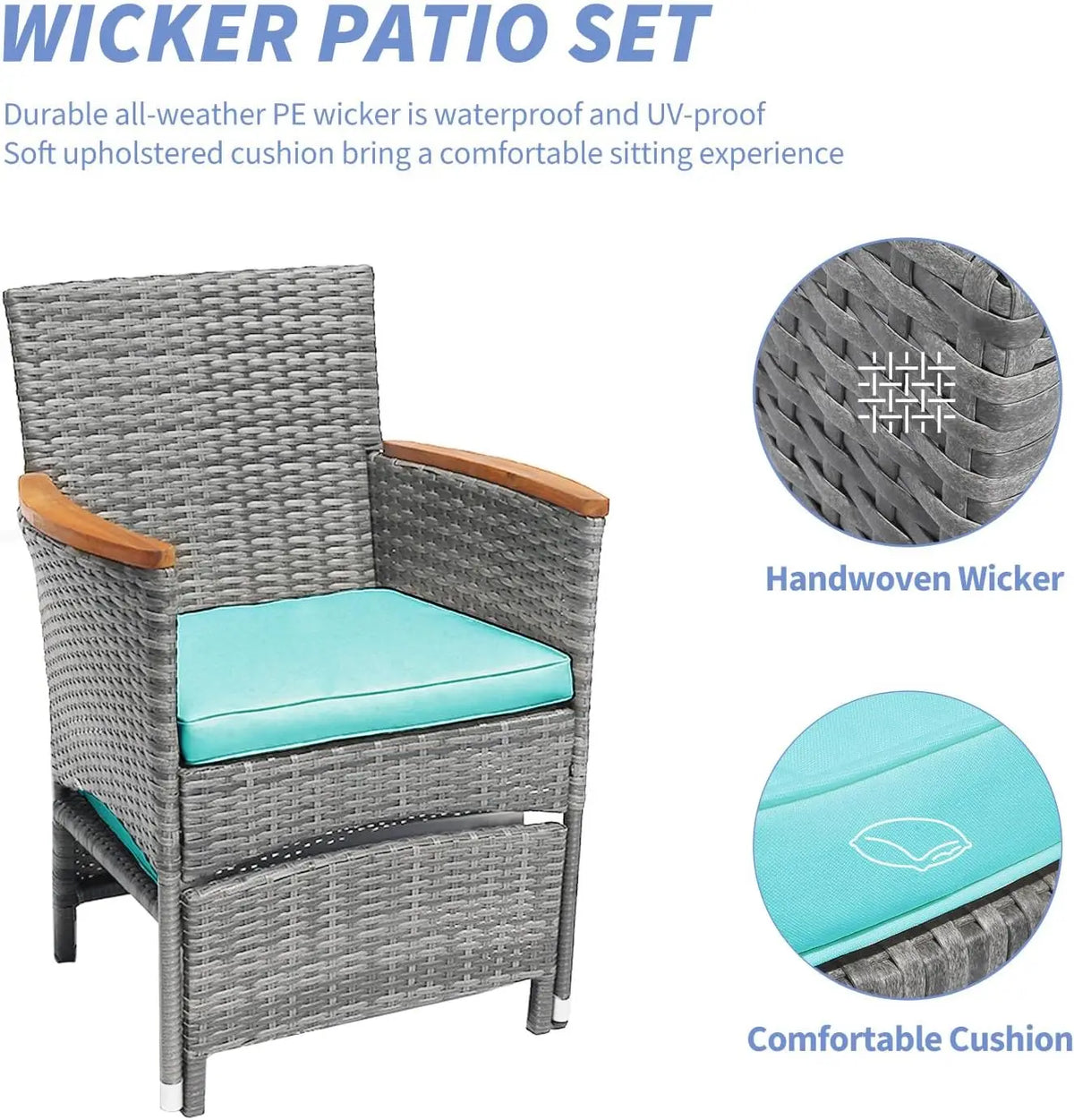 5 PCS Outdoor Patio Set with Table & Ottoman, Gray Wicker & Green Cushion Bistro Furniture