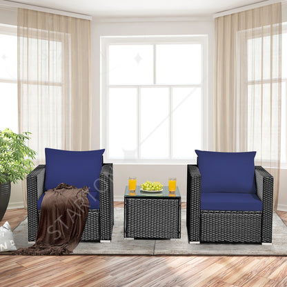 Latest Arrival 3PCS Patio Rattan Wicker Furniture Set Sofa Table W/Cushion Yard Navy