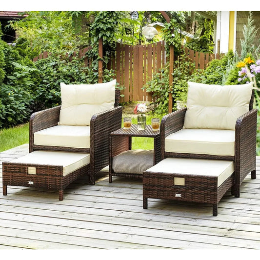 5 Pieces Patio Furniture Set, Rattan Balcony Furniture with Ottomans, PE Wicker Outdoor Patio Chairs Set with Coffee Table for