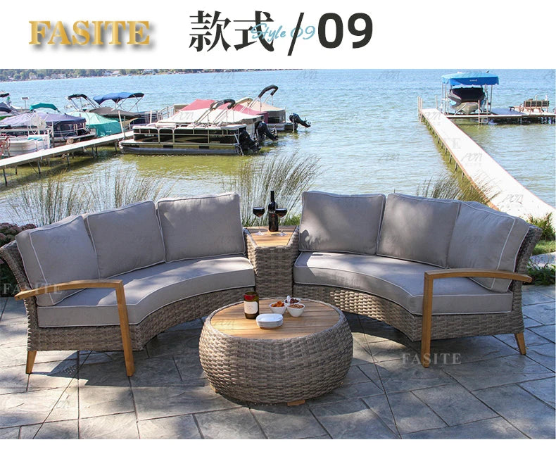 Sofa, courtyard, garden, leisure, outdoor living room, semi circular curved rattan chair, terrace, outdoor furniture combination