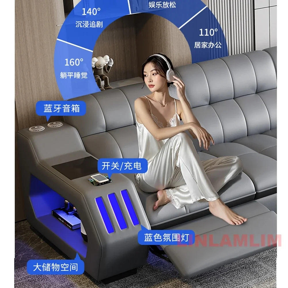 Modern Sectional Sofa Bed with LED Light, Electric Recliner and Massage | Living Room Genuine Leather Couch with Cup Holder, USB