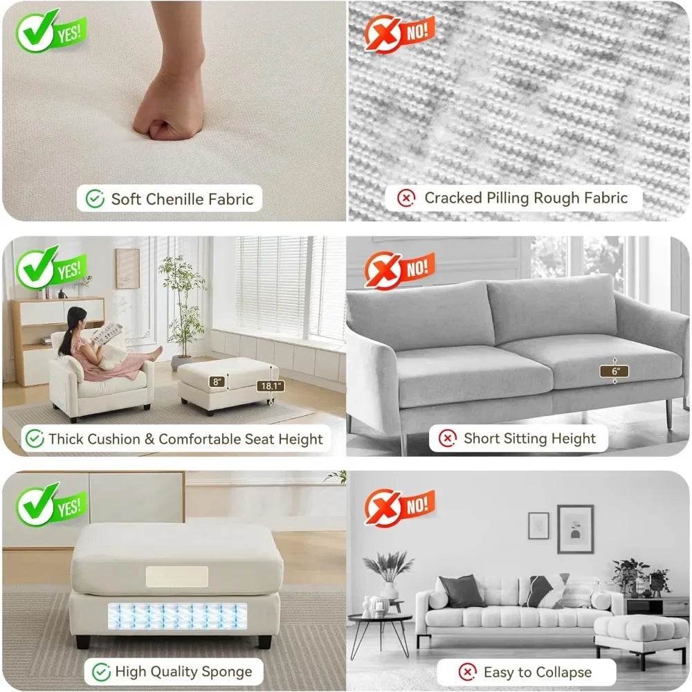 White Chenille Oversized Chaise Lounge with Ottoman 57.5 Inch Reading Chair Comfortable Sofa Bed for Indoor Furniture