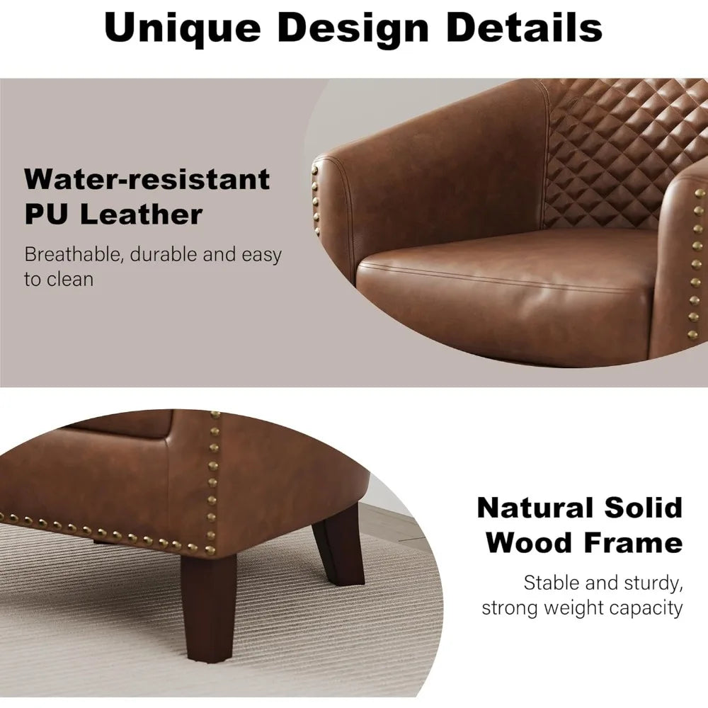 Upholstered Faux Leather Club Chair with Nailed Trim, Comfortable Reading Armchair for Living Room and Bedroom Reception Area