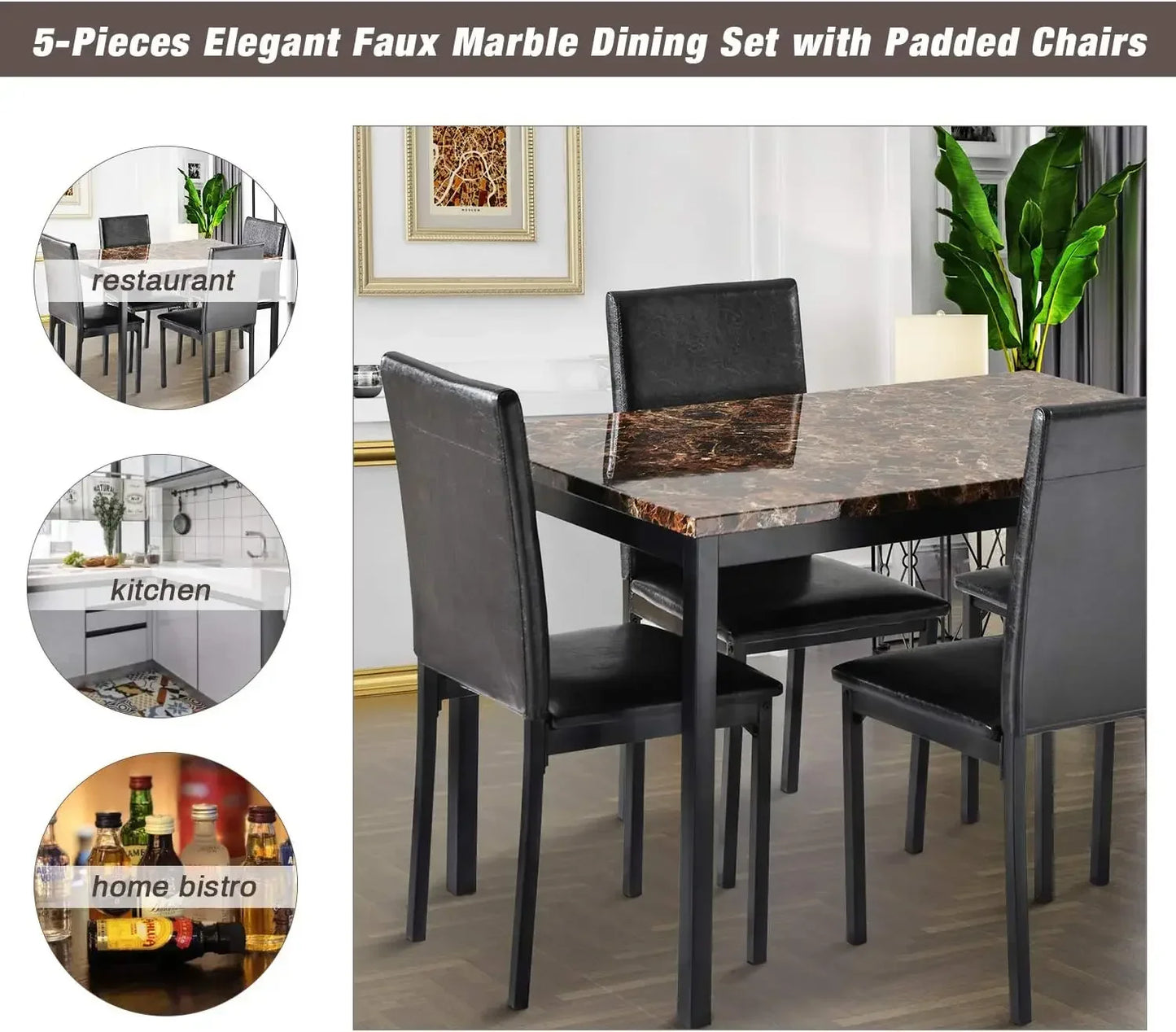 Dining Room Table Set,5-Piece Kitchen Dining Set with Glass Table Top 4 PU  Metal Frame Chairs A