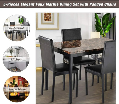 Dining Room Table Set,5-Piece Kitchen Dining Set with Glass Table Top 4 PU  Metal Frame Chairs A