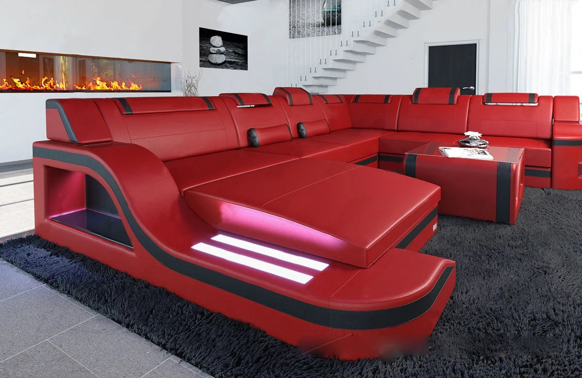 Sofa Set With Led Lights Leather Living Room Furniture U-Shaped Functional Sofa Set  Sectional Sofa Modern Style