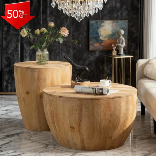 31.50" Round Coffee Table Solid Wood, Vintage Coffee Table With MDF Table Top, Wooden Bucket Shaped Design Tea, Customized