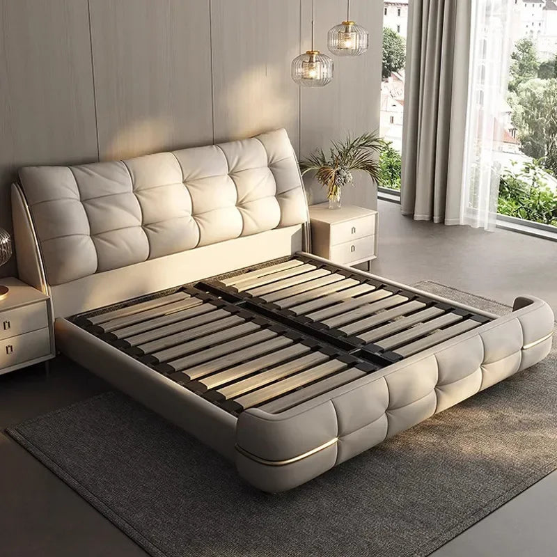 Modern simple light luxury cream style leather bed