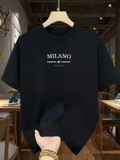 Men's 100% Pure Cotton Fashionable Casual Loose Italian Style Milan Letter Printed Round Neck Short Sleeved T-shirt Tops Tees