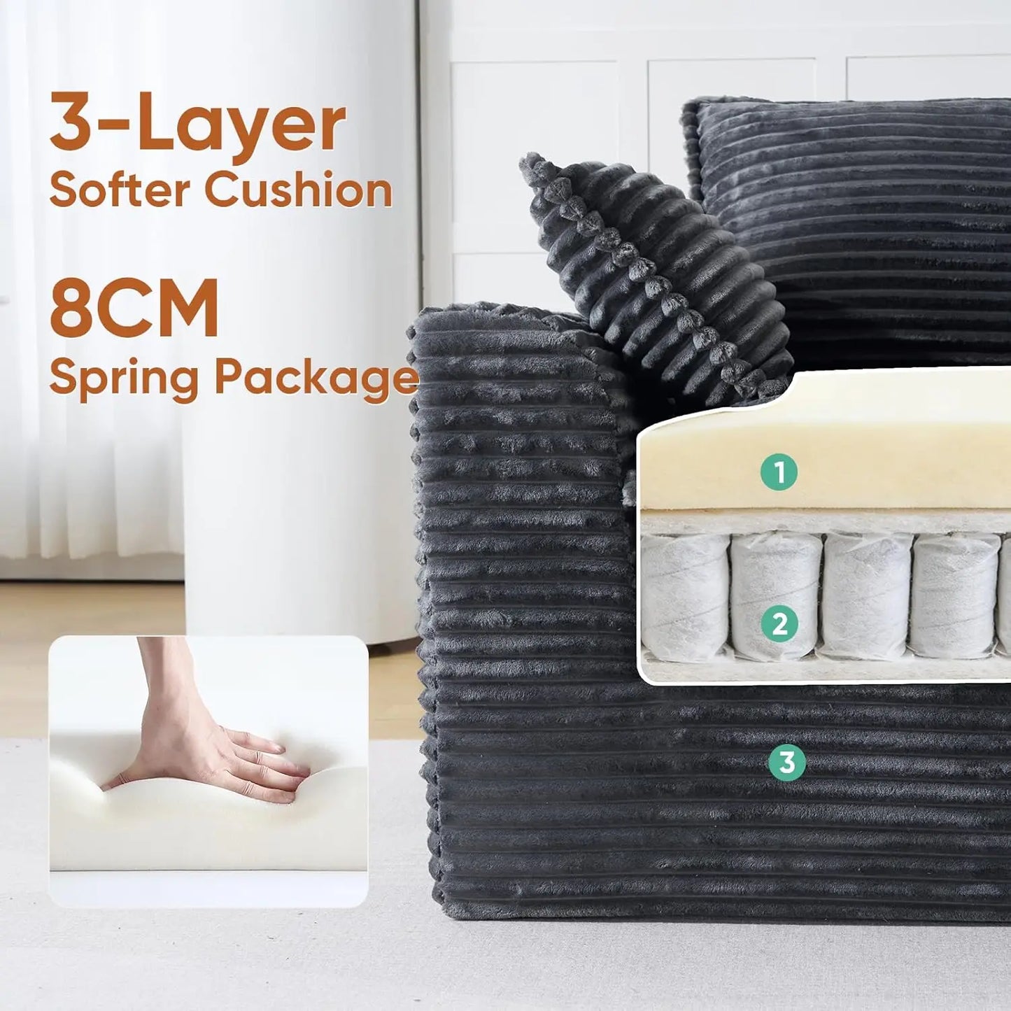 113" Cloud Sectional Boneless Couch for Living Room, Modern Modular Sectional Sofa Deep Seat with Ottoman,, Customized