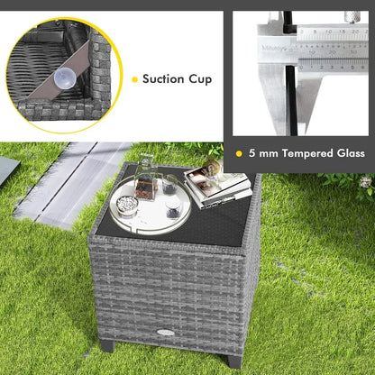 3Piece Outdoor Patio Furniture Set with Wicker Rattan Sofa and Cushions Tempered Glass Coffee Table Ideal for Poolside Backyard