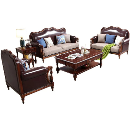 American pastoral all-solid wood sofa, European living room leather sofa, small household, coffee table type, combined light