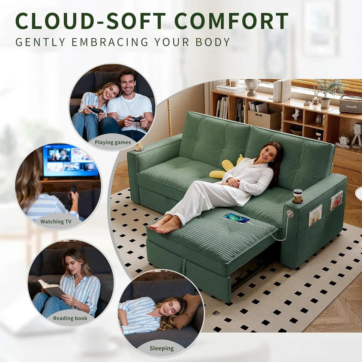 Queen Size Sofa Bed Loveseat 73'' Convertible 2 Seater with Pull out Bed Pockets And USB Ports Modern Design Customizable